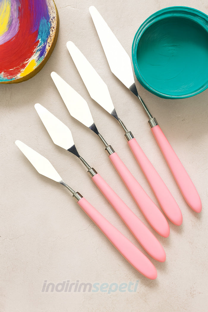 5’li Paslanmaz Çelik Resim Spatula Seti – Sanat ve Hobi İçin Palet Bıçakları – Pembe
