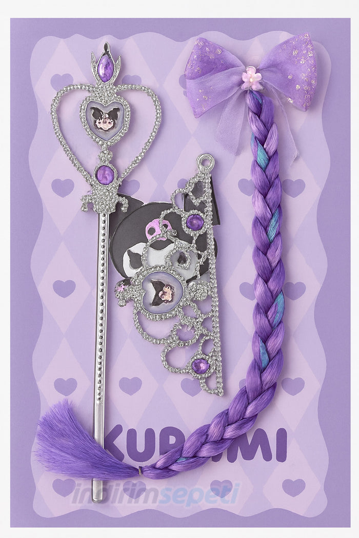 Kuromi 3’lü Kız Çocuk Taç, Asa ve Örgü Saç Tokası Seti – Mor Prenses