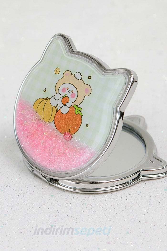 Kedi Tasarımlı Simli Sulu Kozmetik Cep Çanta Aynası Kapaklı El Makyaj Aynası Pembe