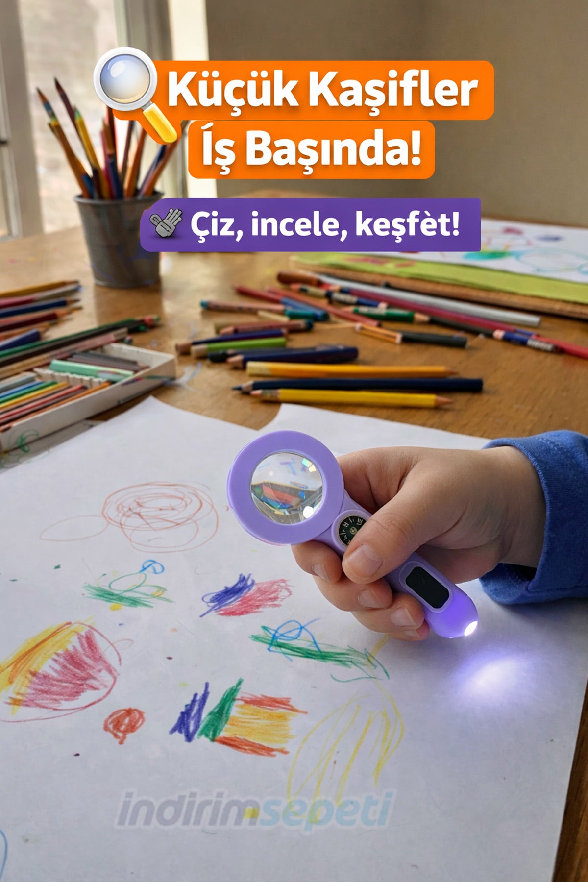LED Işıklı ve Pusulalı Çocuk Büyüteci – Eğitici Keşif Oyuncağı, İnceleme ve Öğrenme Aracı - indirimsepeti