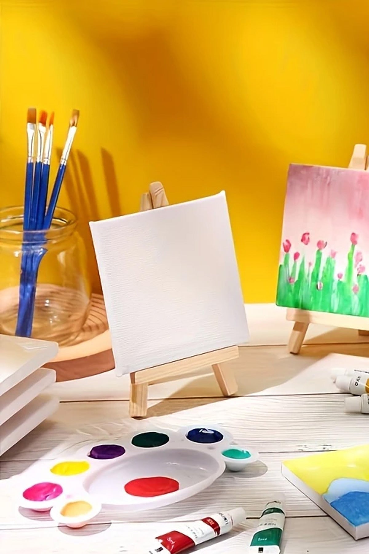 3'lü Çocuk Ressam Seti - 3 Ad. 20 x 20 cm Ön çizimli Tuval, 2 Ad. Fırça, Palet, Boya ve Şövale - indirimsepeti