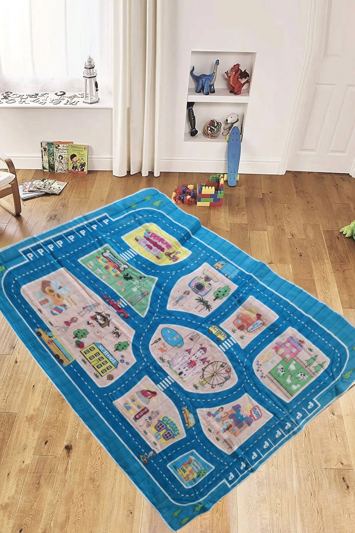 Araba Yollu Ev Okul Petshop Eğitici Oyun Eğlence Halısı Eva Kumaş Kaymaz Taban Çocuk Odası Halısı 115x135 cm - indirimsepeti