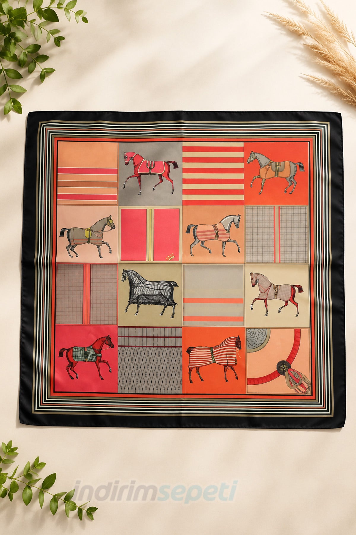 At Desenli Saten Fular 50x50 cm – İpeksi Dokulu Şık Kadın Bandana Horse Pattern Kare