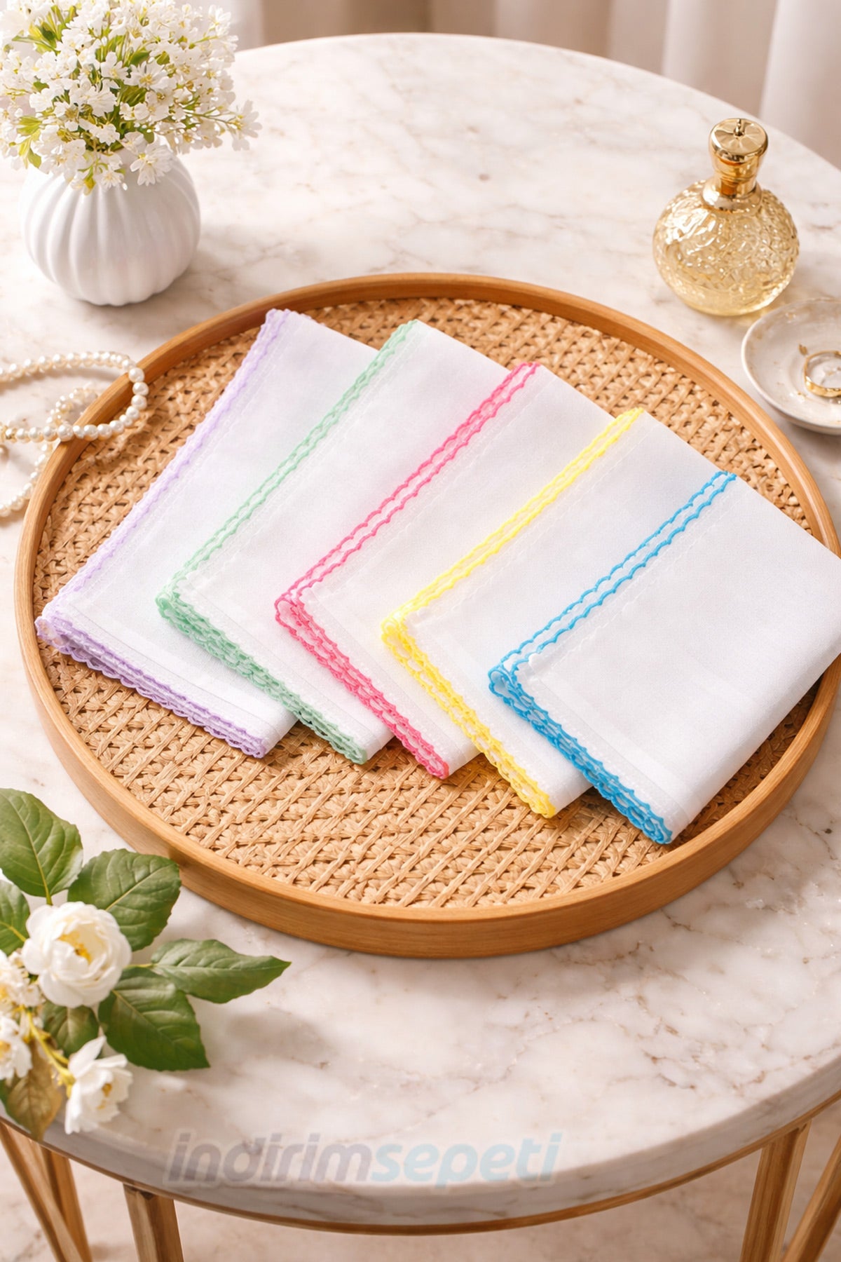 Pamuklu Renkli Oyalı Tülbent 5’li Set | 90x90 cm Kare, Karışık Renk Yumuşak Dokulu - indirimsepeti