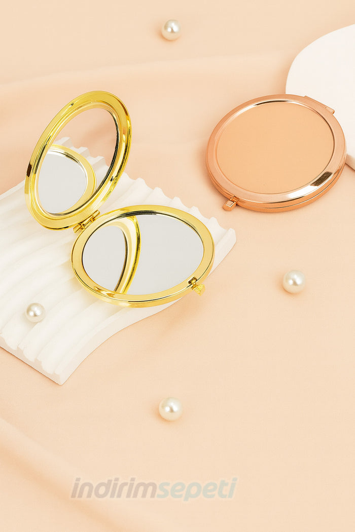 Makyaj Aynası Yuvarlak Çift Taraflı Cep Tipi Çanta İçi Taşınabilir Gold Ayna Hediyelik Promosyon Katlanabilir