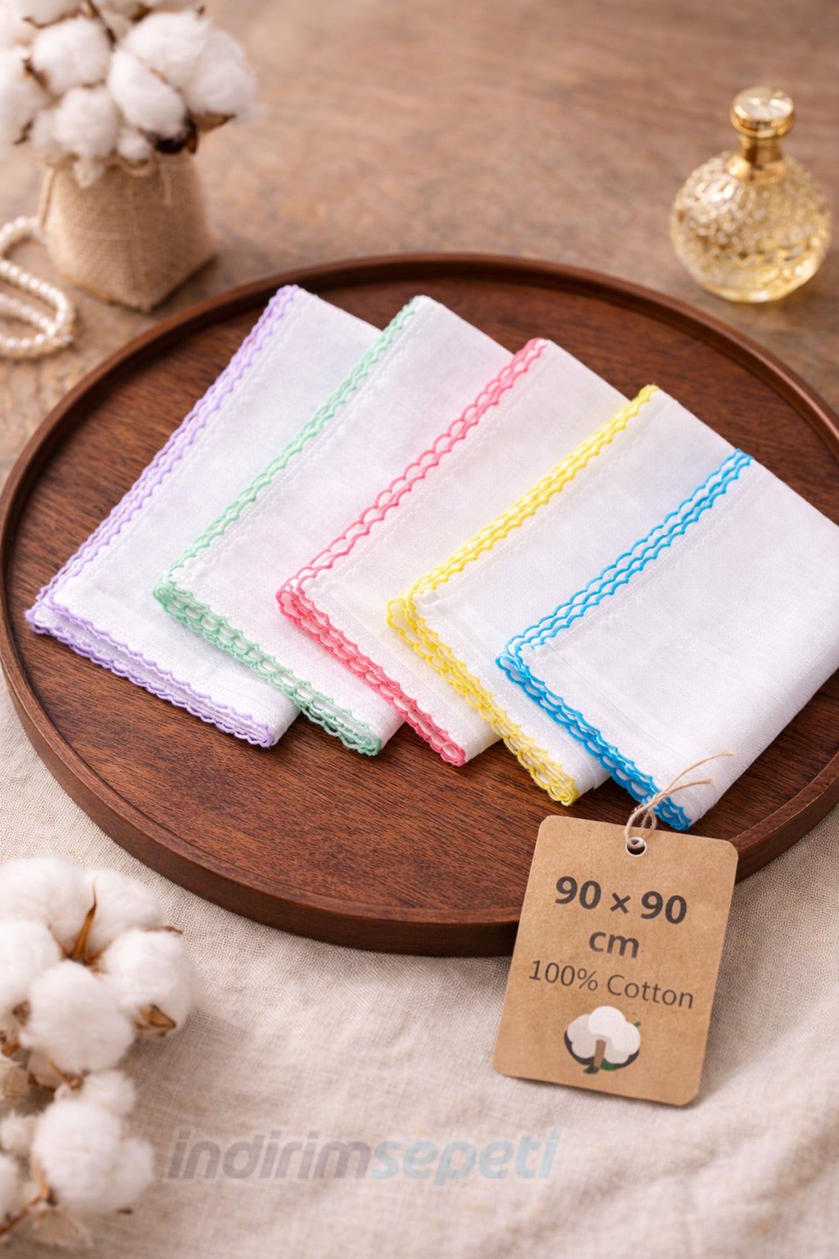 Pamuklu Renkli Oyalı Tülbent 5’li Set | 90x90 cm Kare, Karışık Renk Yumuşak Dokulu - indirimsepeti