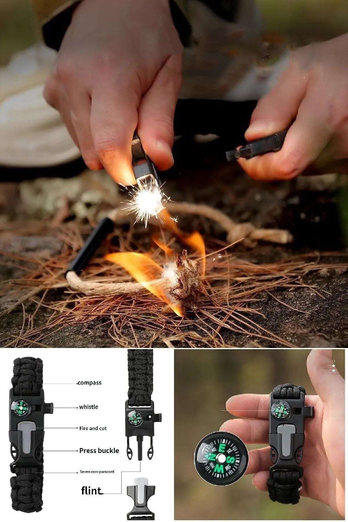 Survival Pusulalı Hayatta Kalma Bilekliği Kamp Bileklik Düdük Çok Amaçlı Outdoor Aksesuar Kit Askeri - indirimsepeti