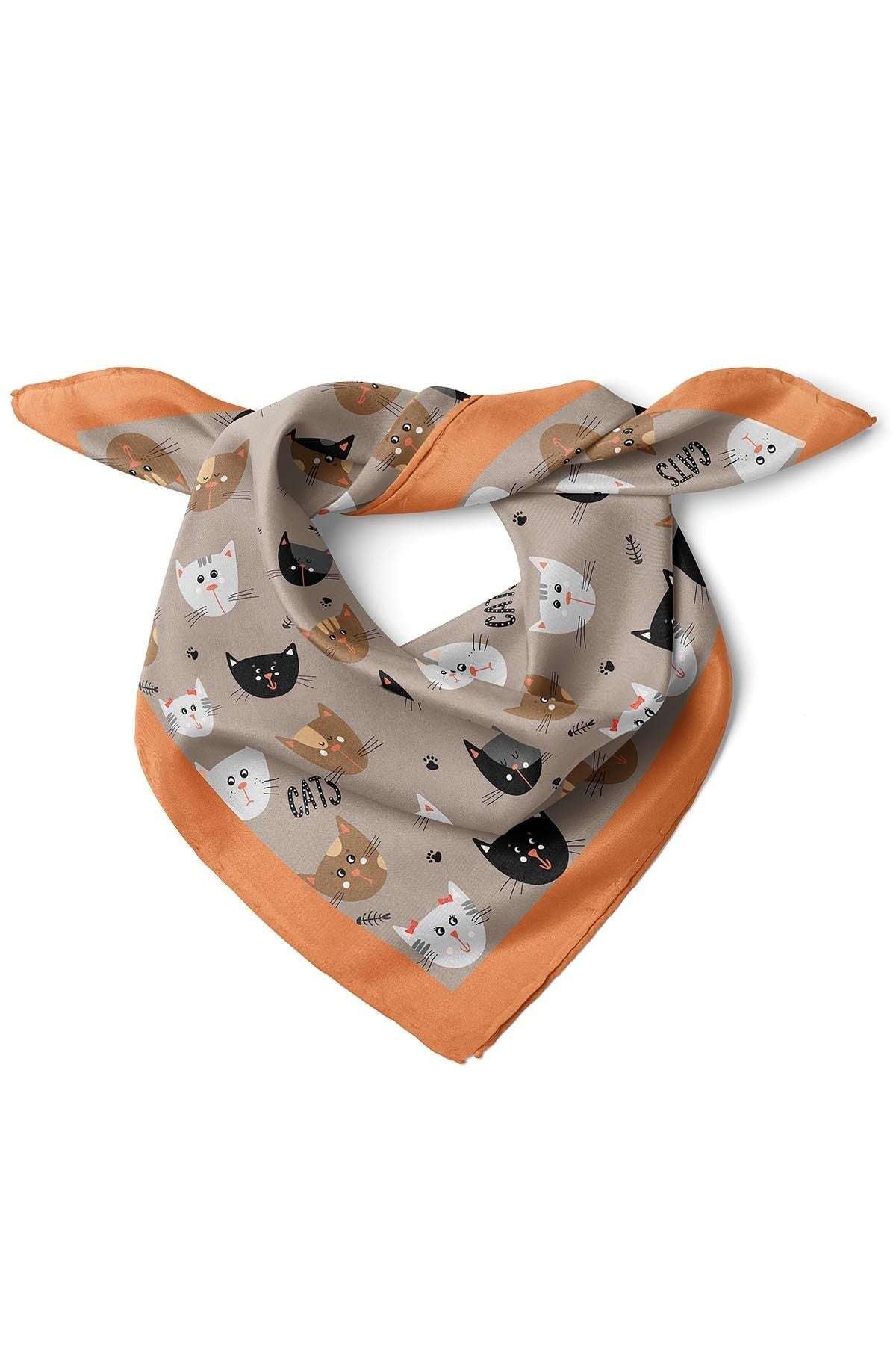 Kedi Desenli Kahve Saten Kumaş Fular Parlak ve Soft ipeksi Bandana - indirimsepeti