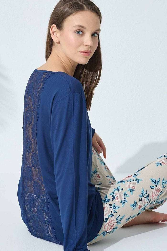 Lacivert Krem Çiçek Desenli Dantel Detaylı Viskon Pijama Takım - Indirimsepeti