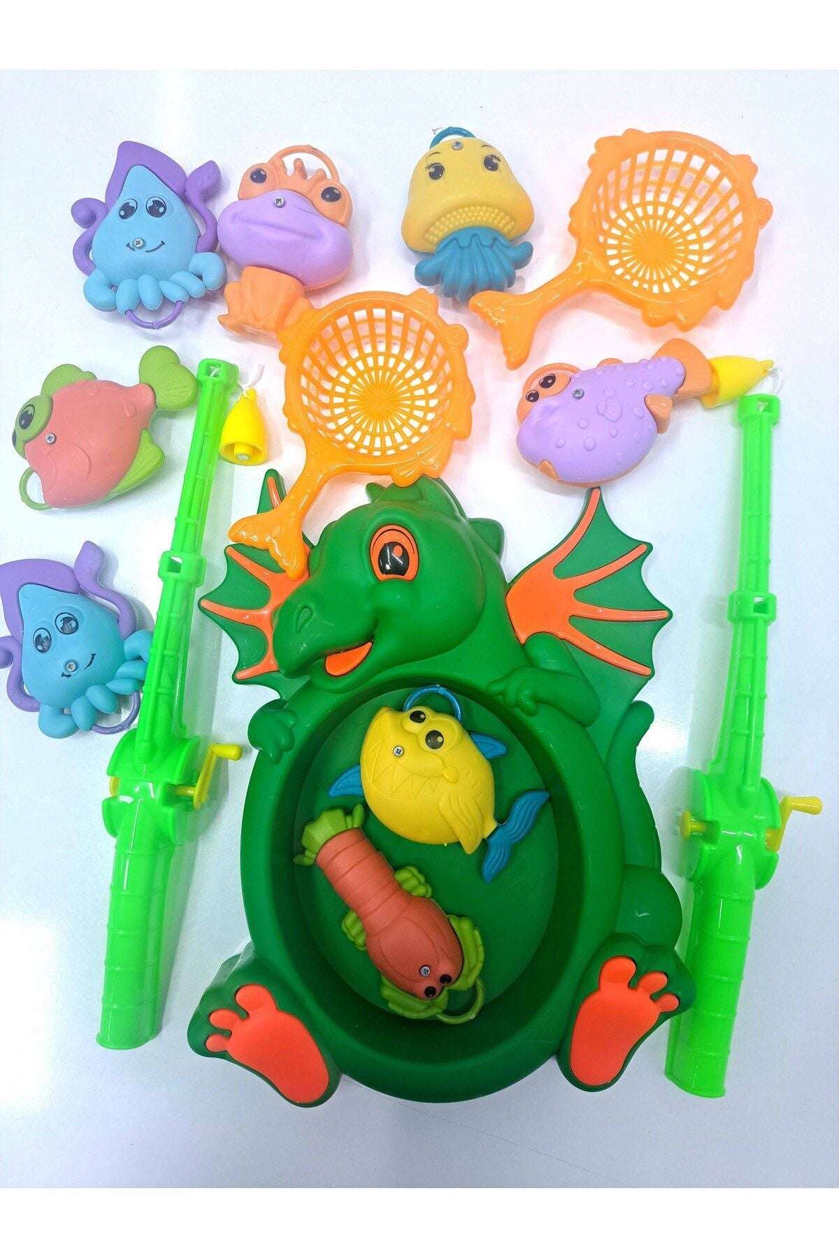 Olta Oyunu Balık tutma seti Oyuncak Dinazor havuz 8 mıknatıs Balık 2 sepet 2 Çevirmeli 30x21cm 13PCS - indirimsepeti