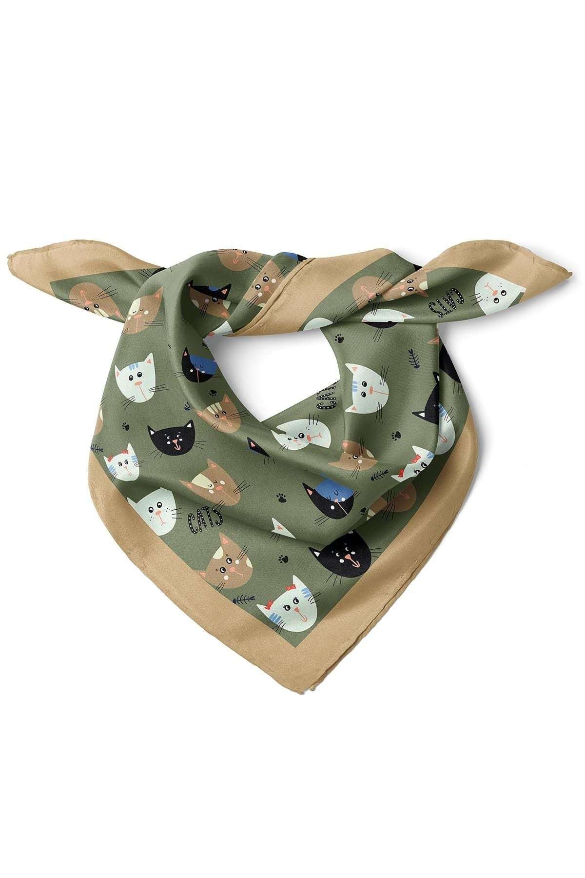 Köpek Desenli Haki Saten Kumaş Fular Parlak ve Soft ipeksi Bandana - indirimsepeti