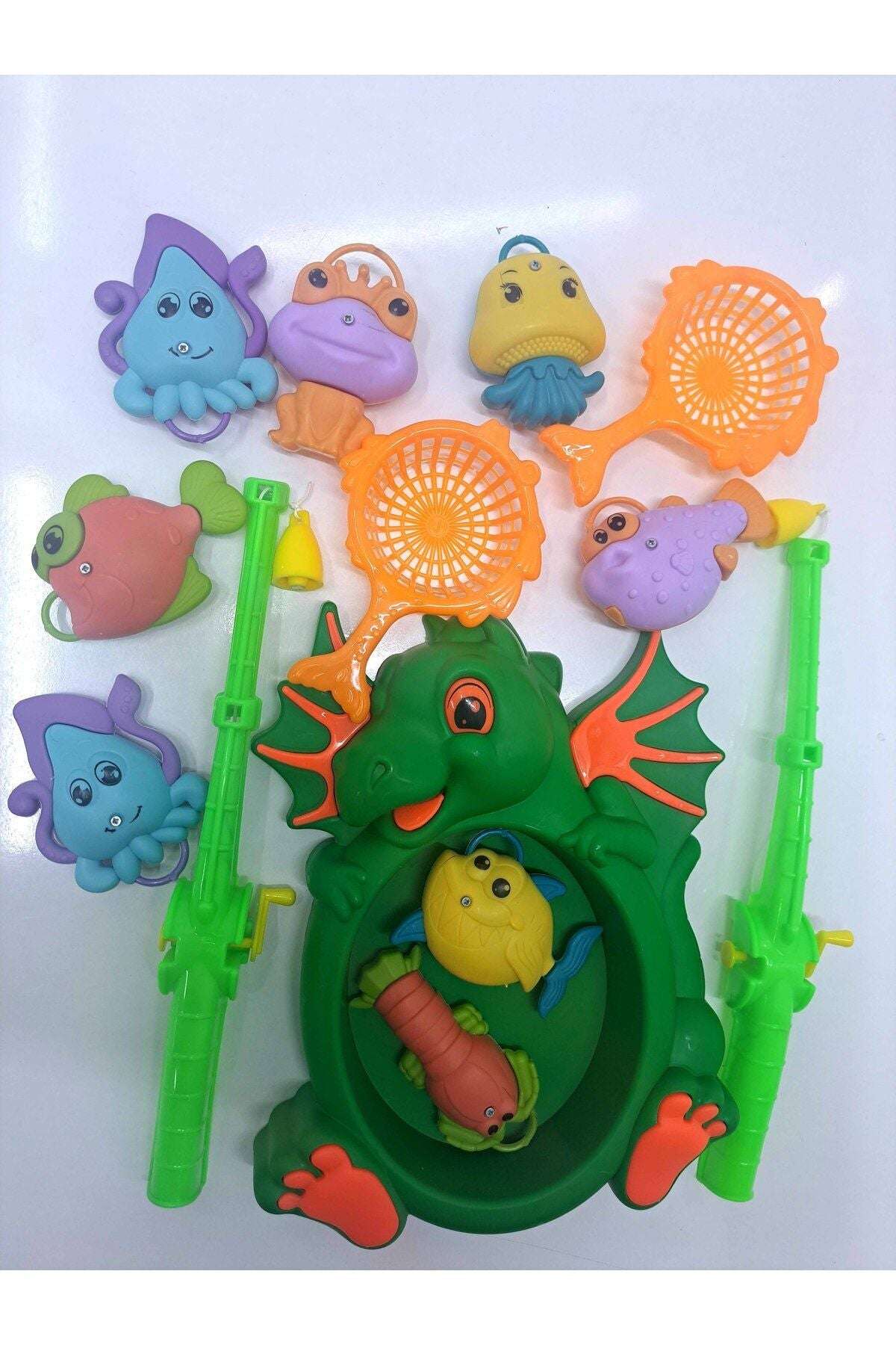 Olta Oyunu Balık tutma seti Oyuncak Dinazor havuz 8 mıknatıs Balık 2 sepet 2 Çevirmeli 30x21cm 13PCS - indirimsepeti