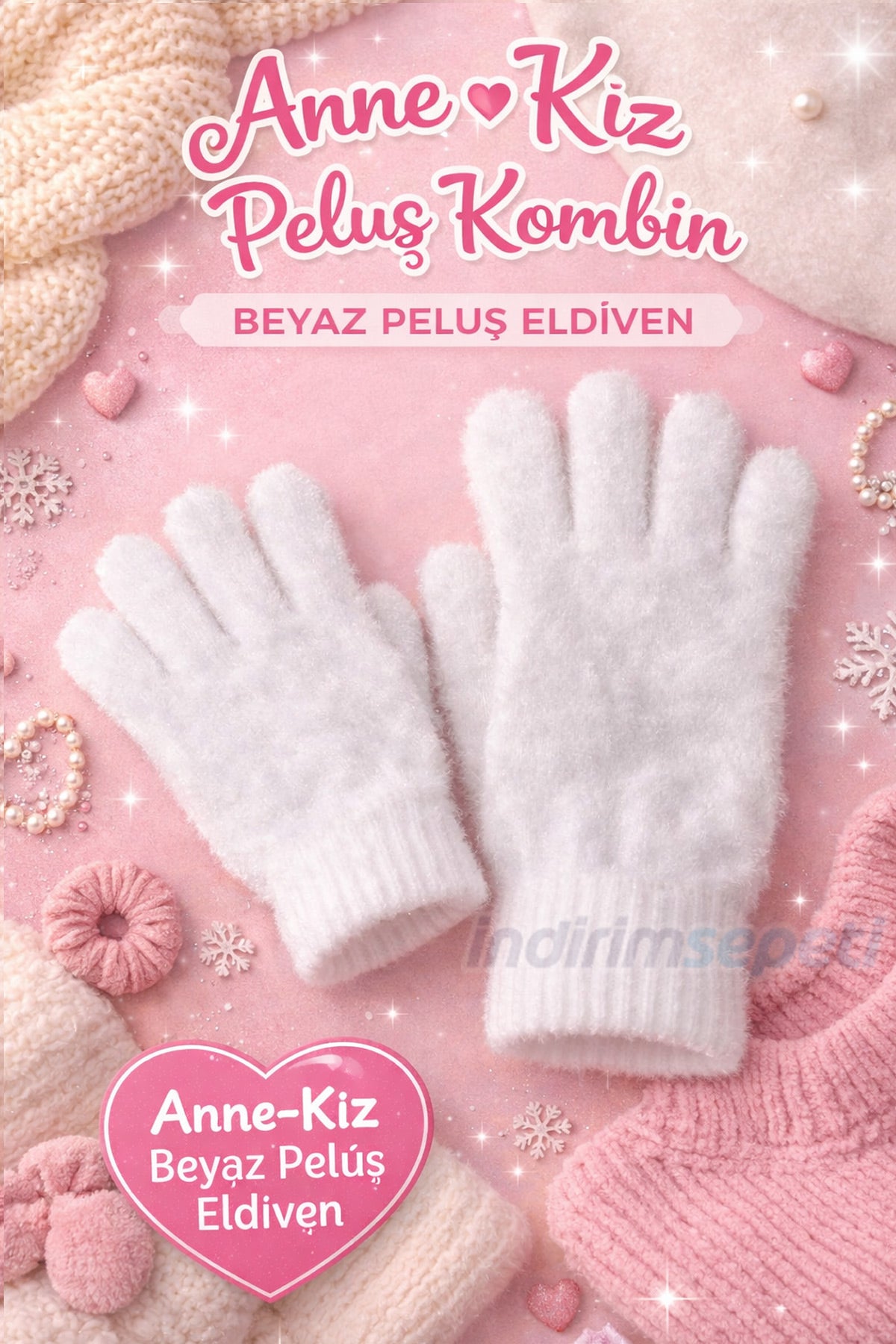 Anne Kız Peluş Eldiven Kombini – 2 Çift Beyaz Yumuşak Kışlık Eldiven | Sıcacık & Şık - indirimsepeti