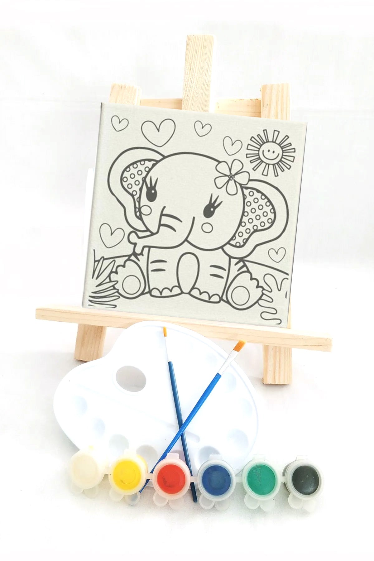3'lü Çocuk Ressam Seti - 3 Ad. 20 x 20 cm Ön çizimli Tuval, 2 Ad. Fırça, Palet, Boya ve Şövale - indirimsepeti