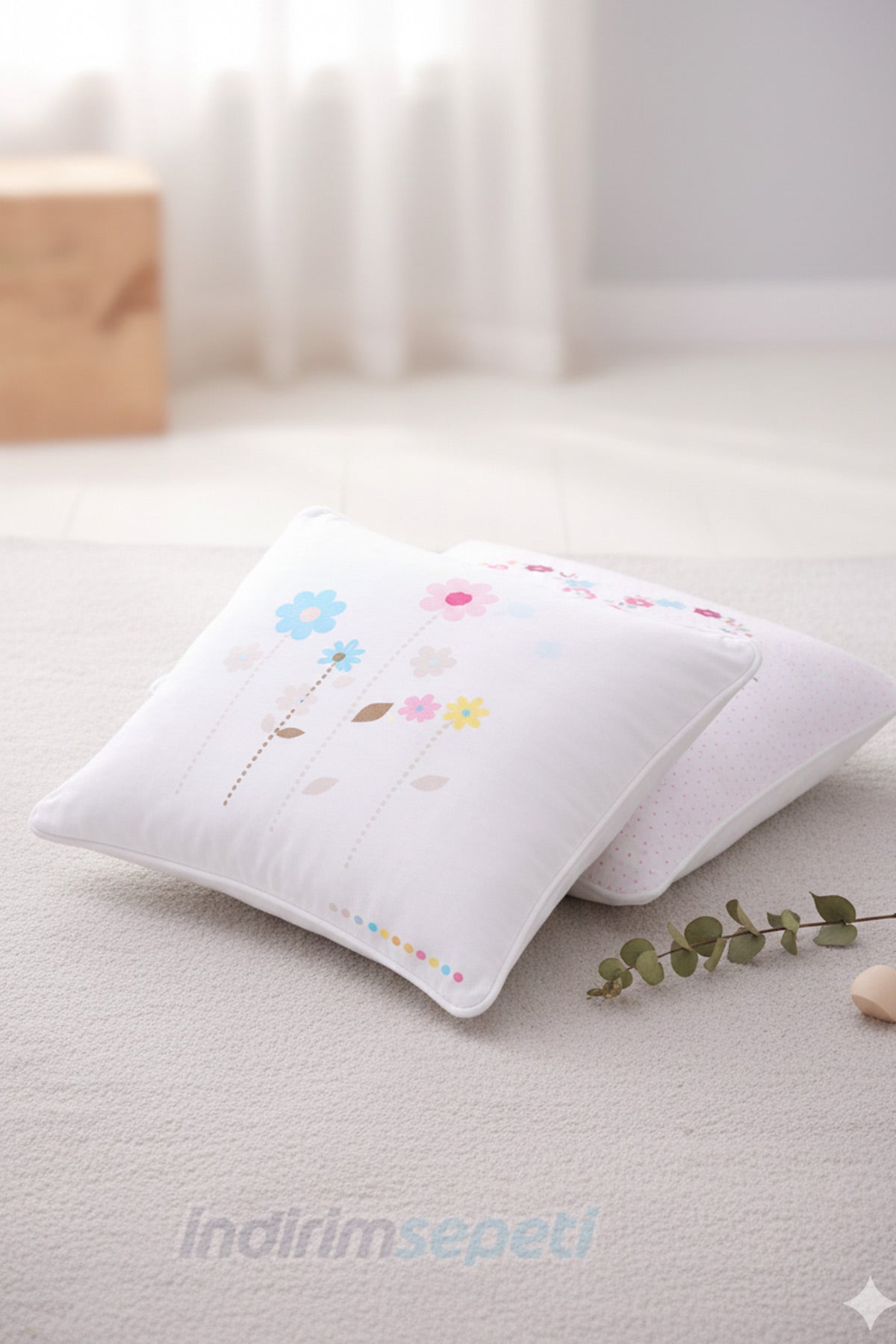 Çiçek Kalpli Çocuk Yastık Kılıfı 47x36 cm | %100 Pamuklu, Çift Yön Desenli – 2 Adet - indirimsepeti