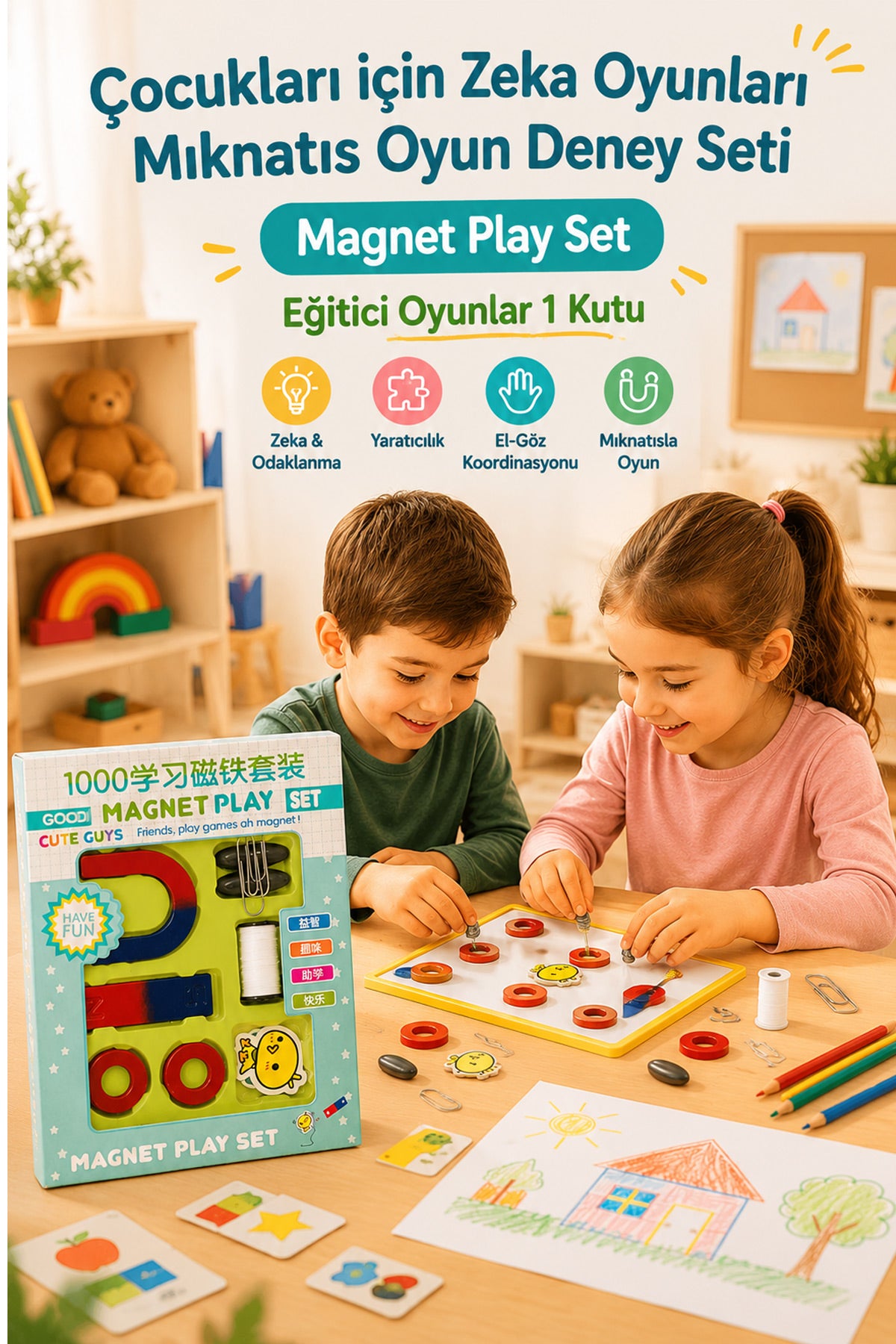 Mıknatıs Deney Seti Çocukları için Zeka Oyunları Magnet Play Set Eğitici Oyunlar 1 Kutu