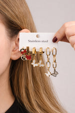 Kelebek Figürlü Taşlı 6’lı Çelik Küpe Seti – Gold Paslanmaz Çelik Bayan Küpeleri