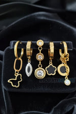 Çelik Küpe Seti 6’lı – Gold Renk Paslanmaz Çelik Halka, Zincir, Kalp, Yonca ve Taş Detaylı Küpe