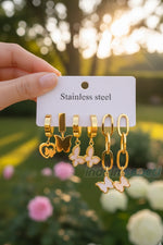 Kalpli Kelebek Figürlü Gold Çelik Küpe Seti | 6’lı Stainless Steel