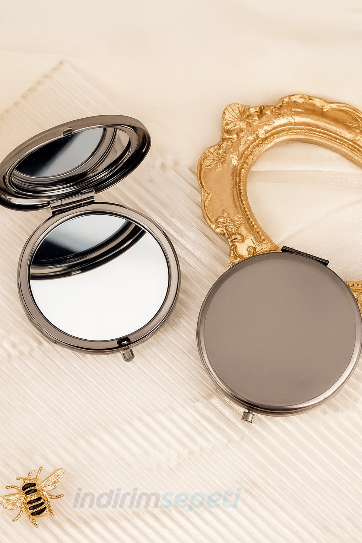 Makyaj Aynası Yuvarlak Çift Taraflı Cep Tipi Çanta İçi Taşınabilir Siyah Ayna Hediyelik Promosyon Katlanabilir