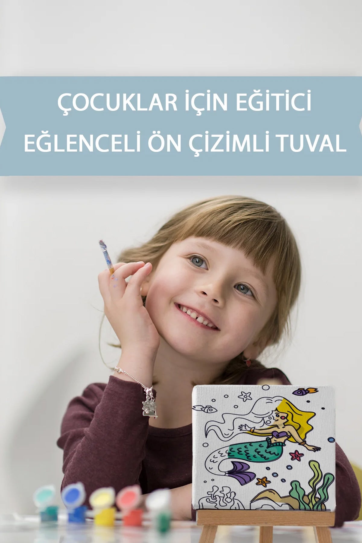 3'lü Çocuk Ressam Seti - 3 Ad. 20 x 20 cm Ön çizimli Tuval, 2 Ad. Fırça, Palet, Boya ve Şövale - indirimsepeti