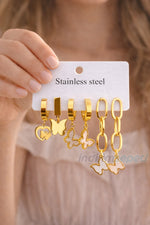 Kalpli Kelebek Figürlü Gold Çelik Küpe Seti | 6’lı Stainless Steel