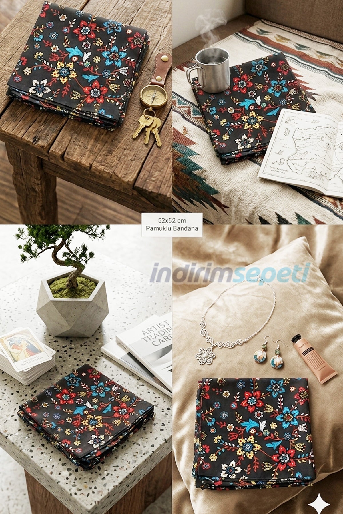 Siyah Çiçek Desenli Pamuklu Bandana 52x52 cm – Çok Amaçlı Şık Fular & Saç Bandı Aksesuar - indirimsepeti