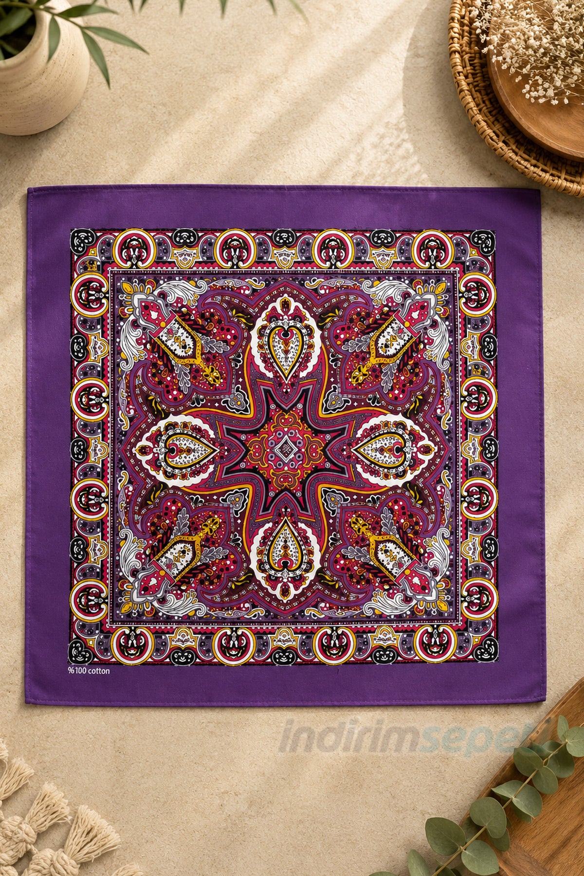 Etnik Desenli Pamuklu Bandana | 52x52 cm Geleneksel Desenli Sokak Stili Unisex Bandana