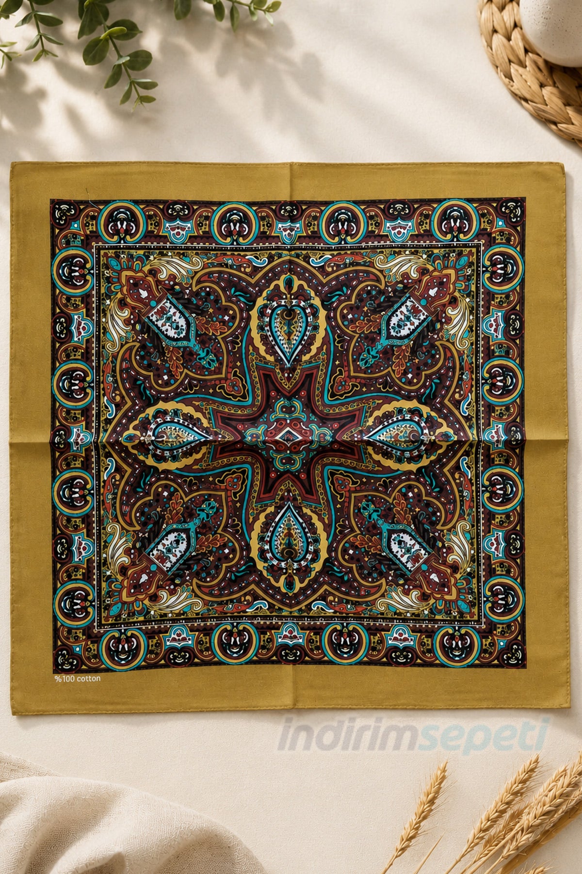 Etnik Desenli Pamuklu Bandana | 52x52 cm Geleneksel Desenli Sokak Stili Unisex Bandana