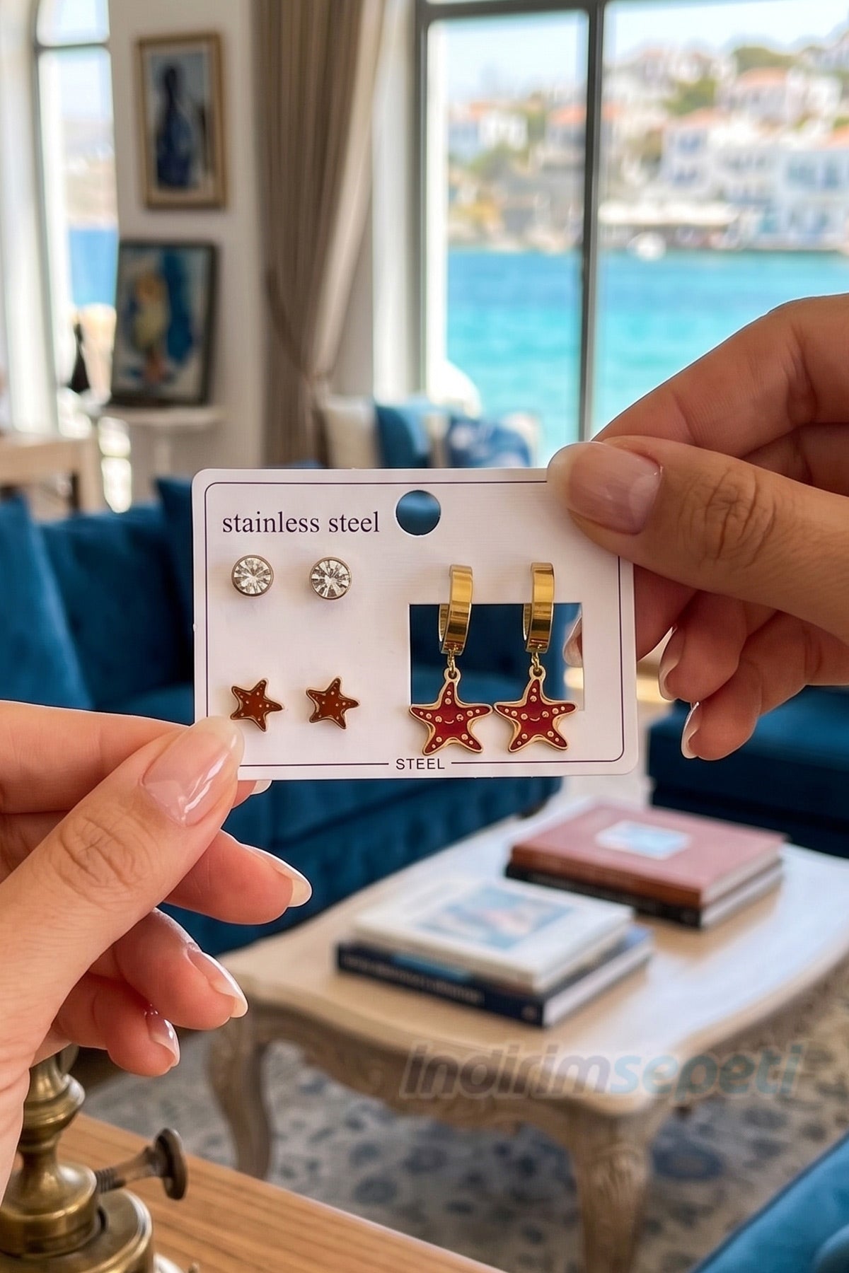 Yıldız Figürlü 6’lı Çelik Küpe Seti – Zirkon Taşlı ve Sallantılı Yıldız Küpe Kombini