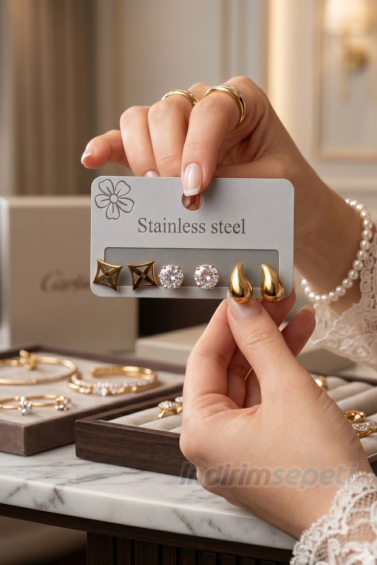 Damla, Yıldız ve Zirkon Taşlı 6’lı Çelik Küpe Seti – Paslanmaz Şık Kombin Küpe Seti