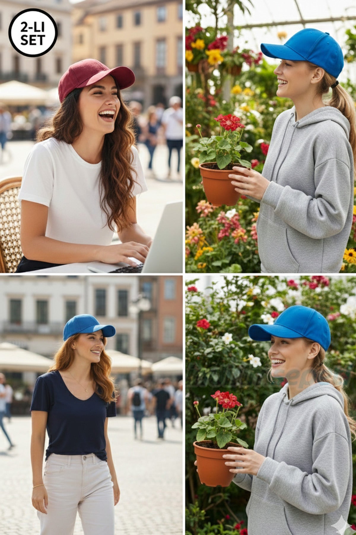 Bordo Mavi Renk Şapka Seti 2’li – Spor Şapka Unisex Takım Arkadaşı Kombin Cırtlı Ayarlanabilir Düz Kep Baseball