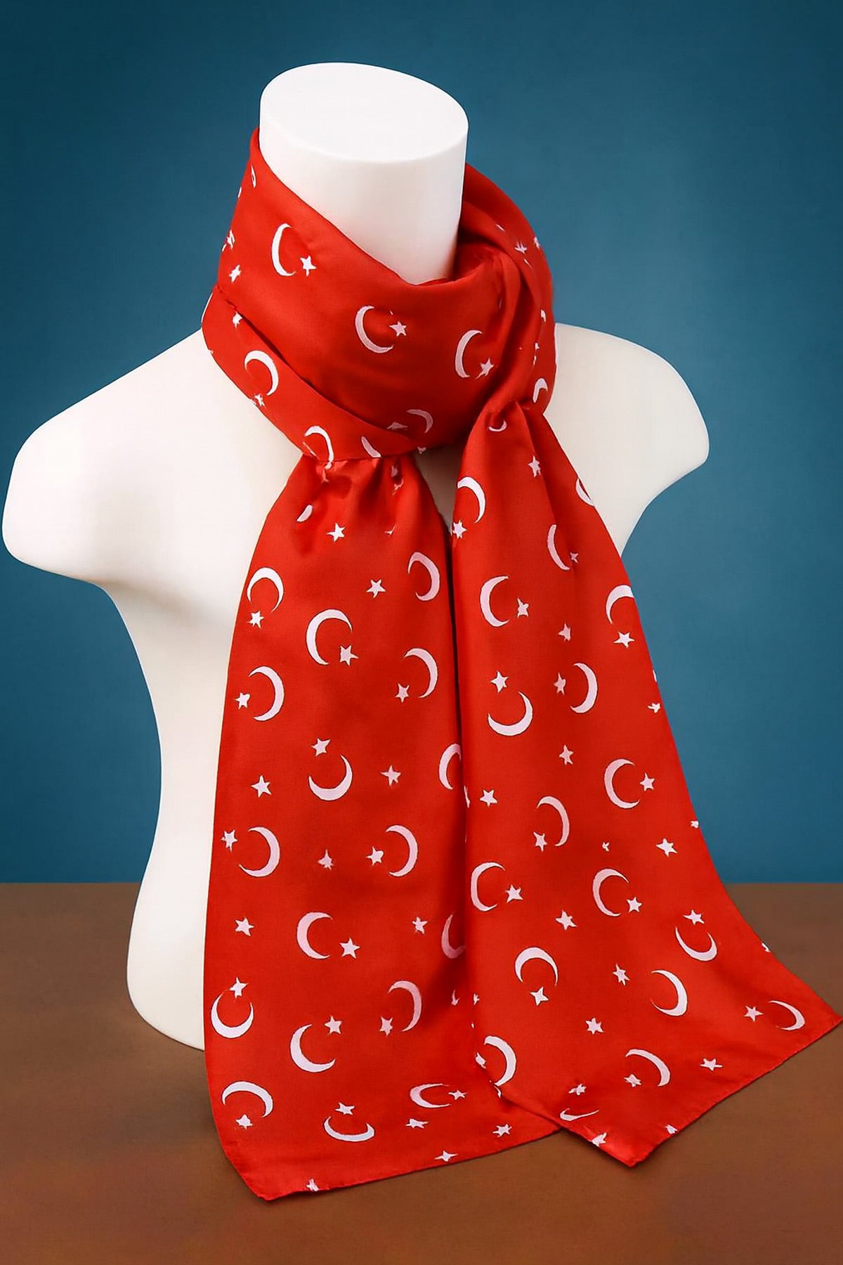 Kırmızı Ay - Yıldız Saten Fular | 30x130 cm Premium Parlak Kumaş Çoklu Ay yıldız Fular Saten - indirimsepeti