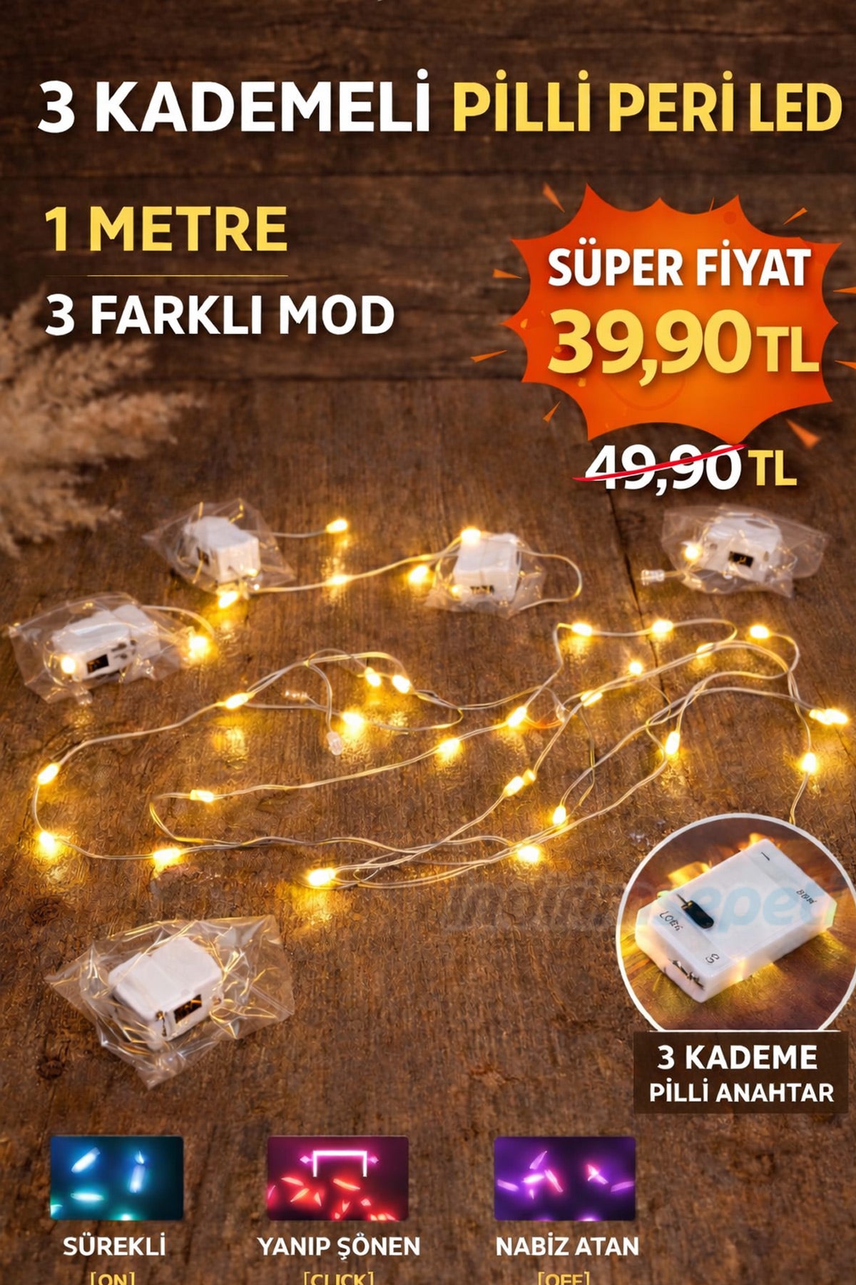 1 Metre 3 Modlu Pilli Peri Led – Sürekli / Yanıp Sönen / Nabız Modlu Dekor Işığı Mini Güç Kutulu Dekoratif led