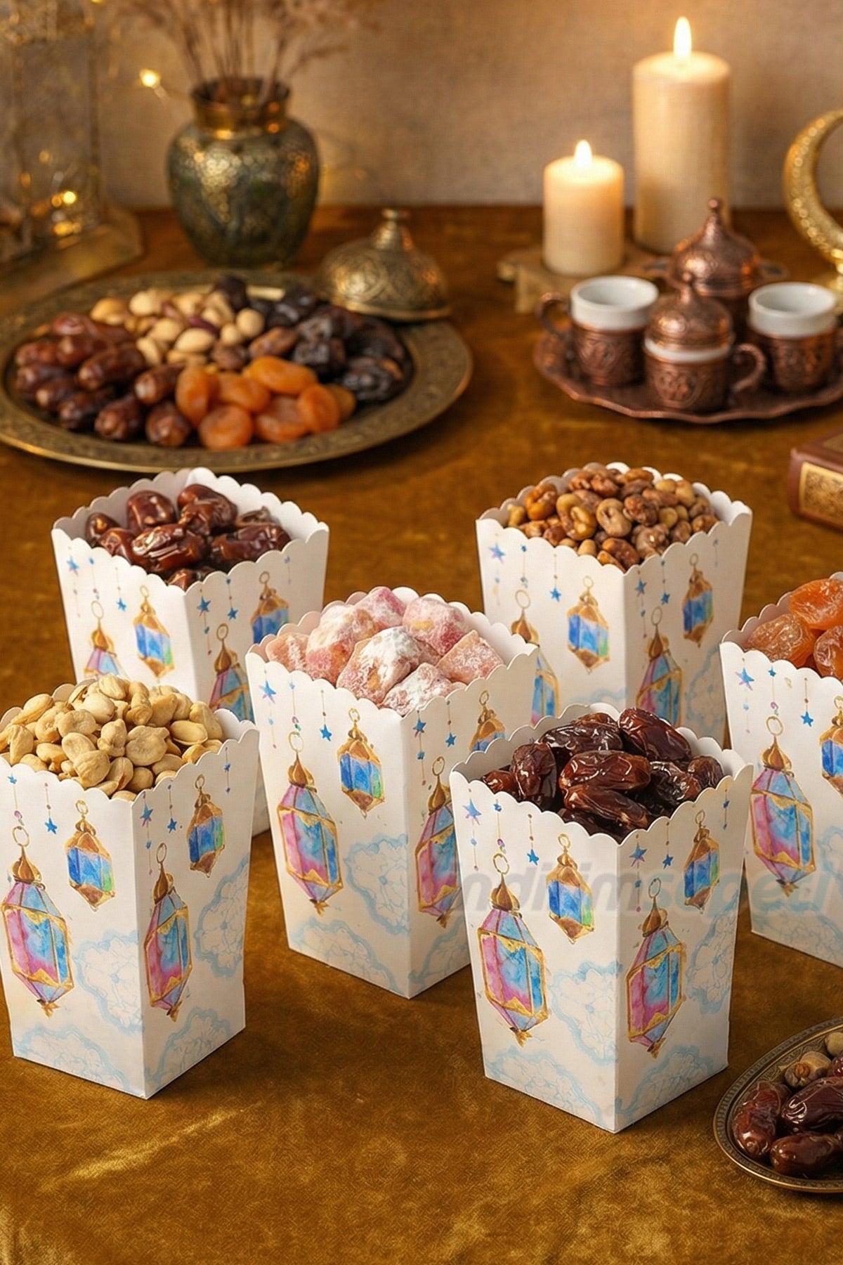 Ramazan Temalı 8’li Atıştırmalık Kutusu – Fener Desenli Gıda Temaslı Karton ikramlık Beyaz