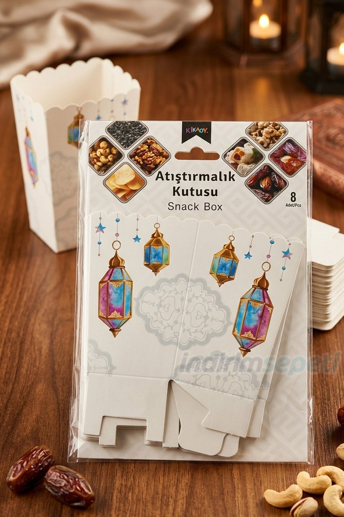 Ramazan Temalı 8’li Atıştırmalık Kutusu – Fener Desenli Gıda Temaslı Karton ikramlık Beyaz - indirimsepeti