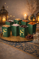 Ramazan Temalı 8’li Atıştırmalık Kutusu – Haki Yeşil Ay Yıldız Desenli Karton Snack Box Seti