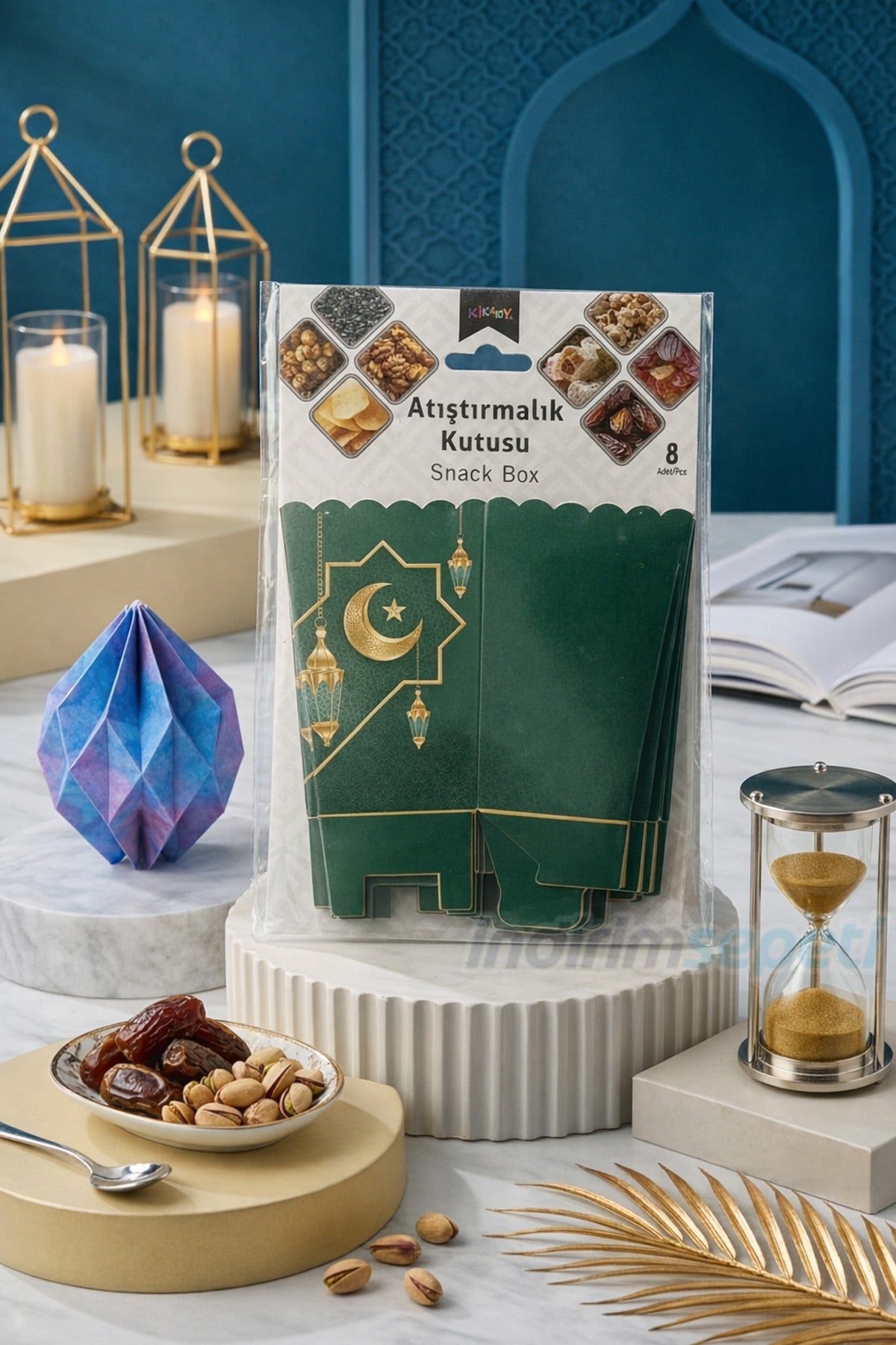 Ramazan Temalı 8’li Atıştırmalık Kutusu – Haki Yeşil Ay Yıldız Desenli Karton Snack Box Seti