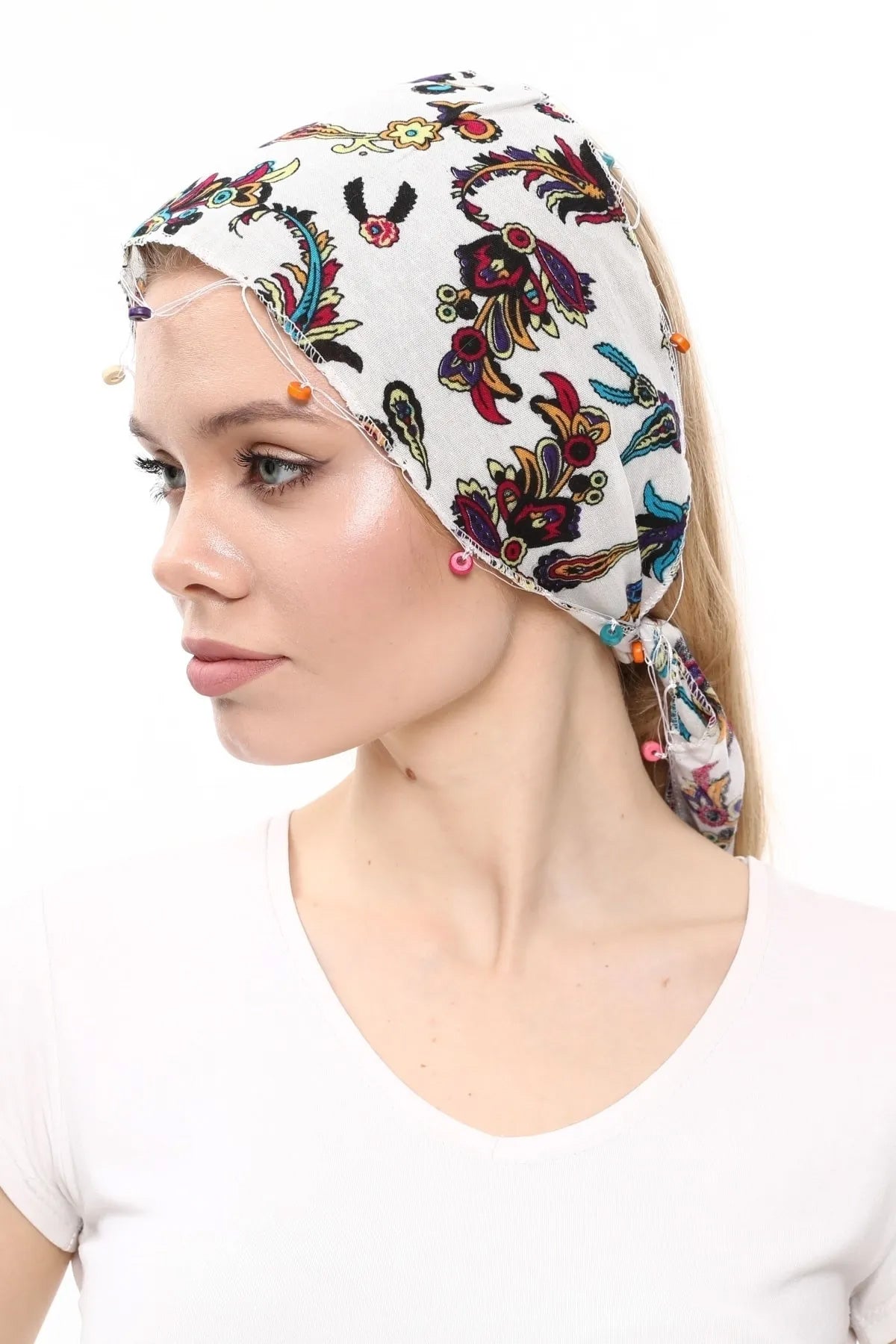 Fular Çiçek Desenli Pamuklu Kumaş Boncuklu  Saç Bandı  Saç Aksesuar Beyaz - Indirimsepeti
