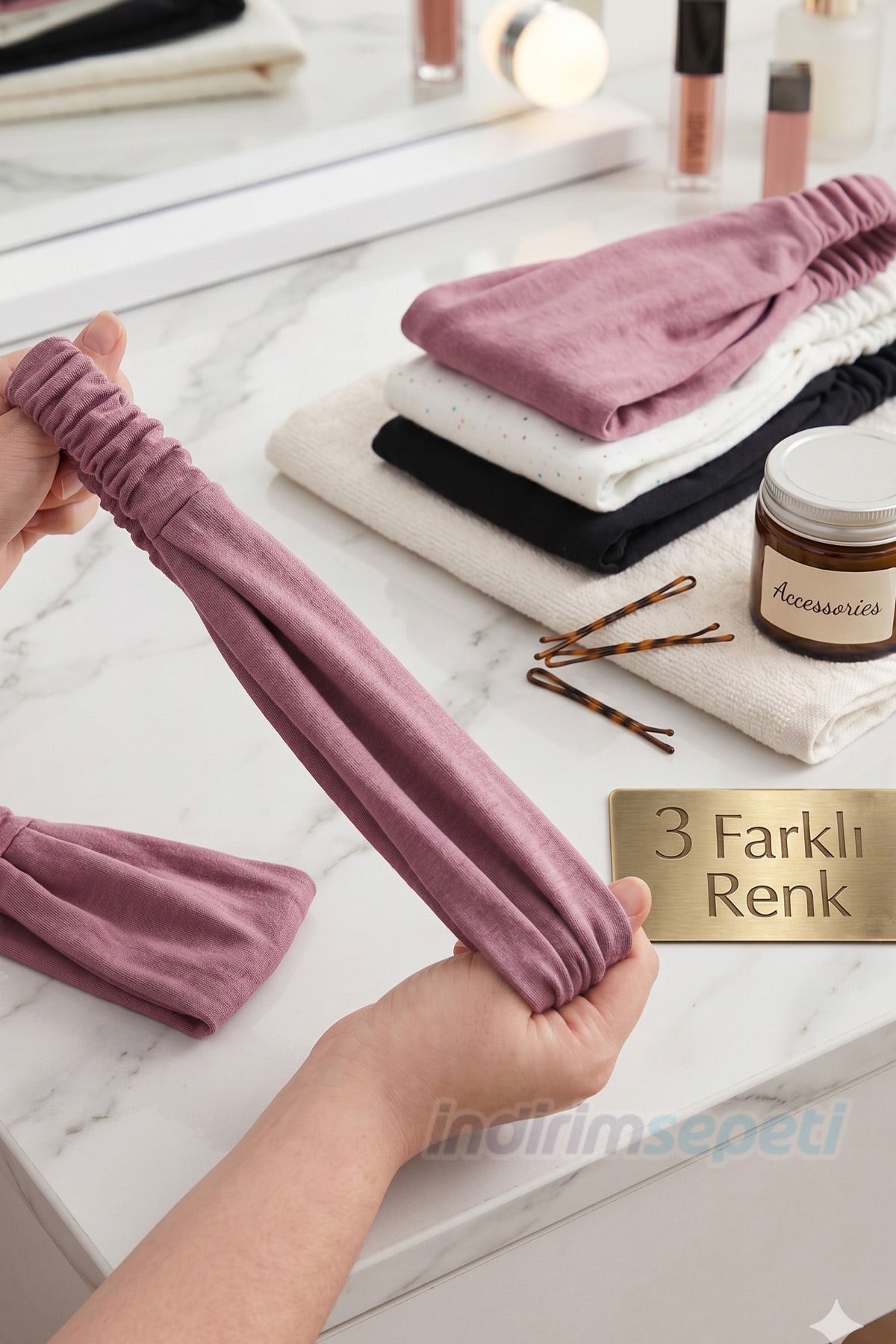 Saç Bandı Pamuklu Lastikli 3 Farklı Renk Model 16 Bahar ve Yaz Stili, Esnek Bandı Krem Koyu Lacivert Gül Kurusu