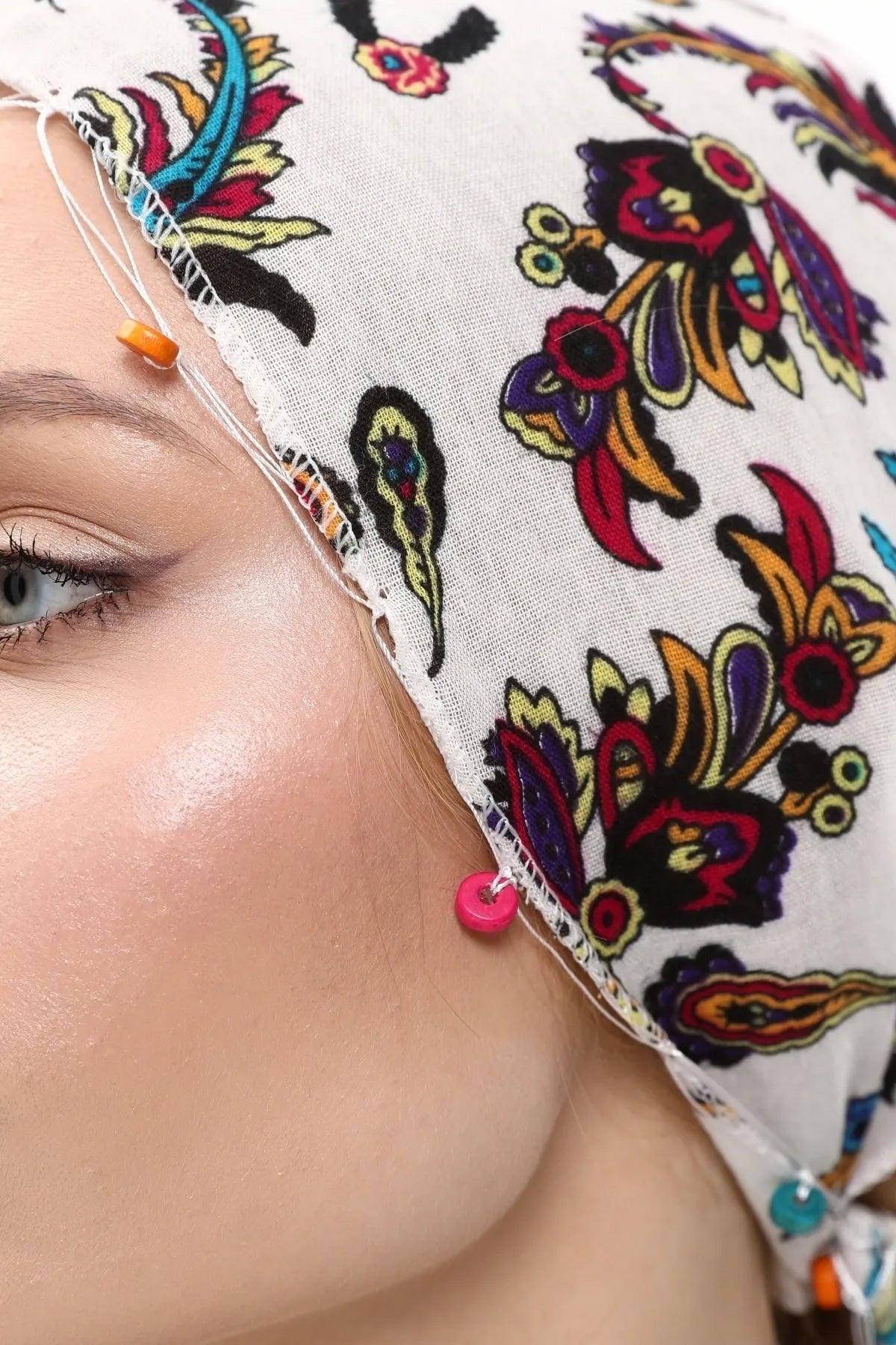 Fular Çiçek Desenli Pamuklu Kumaş Boncuklu  Saç Bandı  Saç Aksesuar Beyaz - Indirimsepeti