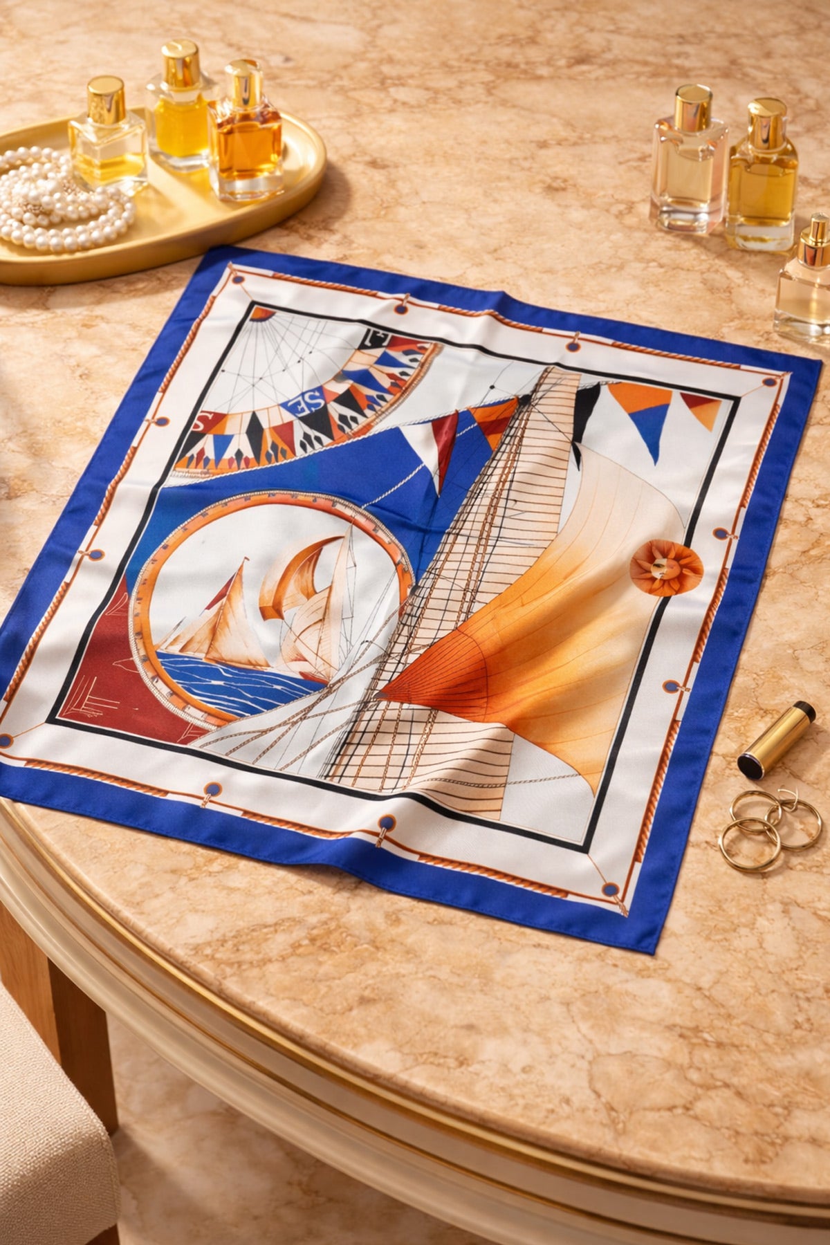Yelkenli Desenli Saten Bandana Fular – 50x50 cm Deniz Temalı Saç ve Çanta Aksesuar - indirimsepeti