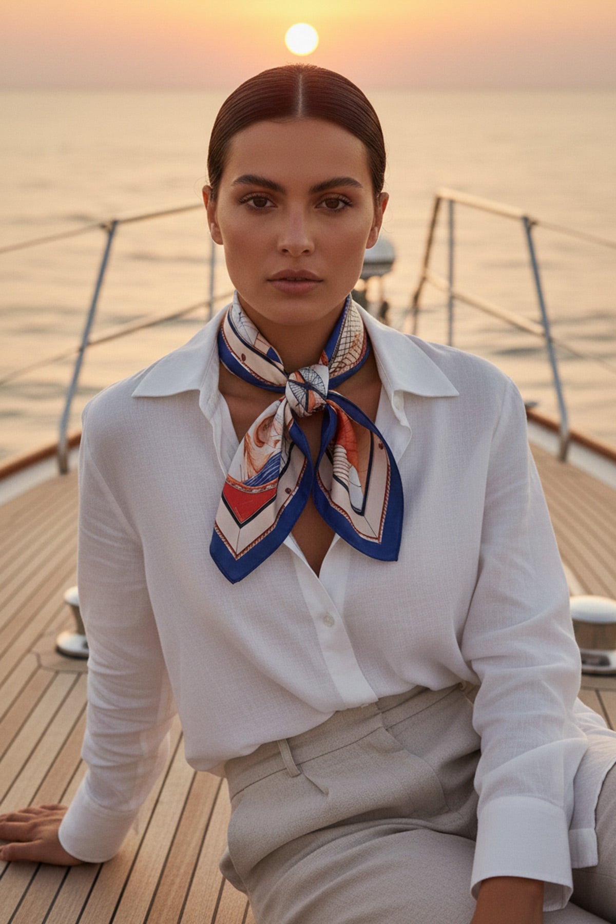 Yelkenli Desenli Saten Bandana Fular – 50x50 cm Deniz Temalı Saç ve Çanta Aksesuar - indirimsepeti