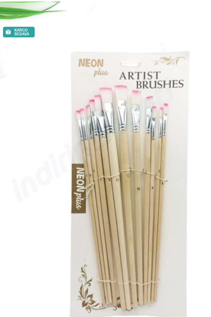 Akrilik Yağlı Boya Ahşap Sap Numaralı Düz Kesik Uçlu Fırça Seti 12'li - Indirimsepeti