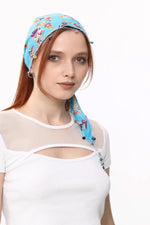 Fular Çiçek Desenli Pamuklu Kumaş Boncuklu  Saç Bandı  Saç Aksesuar Mavi - Indirimsepeti