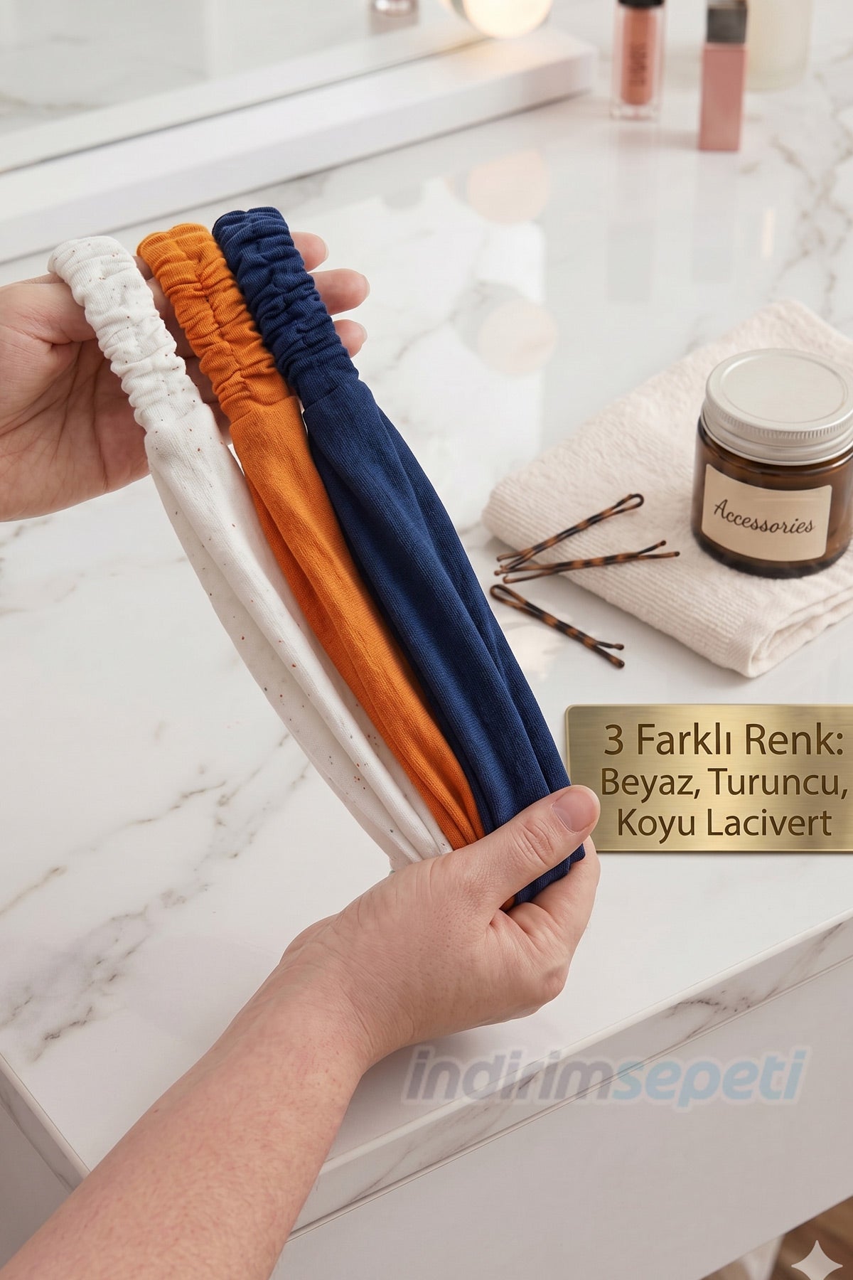 3’lü Set Pamuklu Esnek Saç Bandı – Model 4 Makyaj ve Cilt Bakım Bandana Turuncu Krem Koyu Lacivert