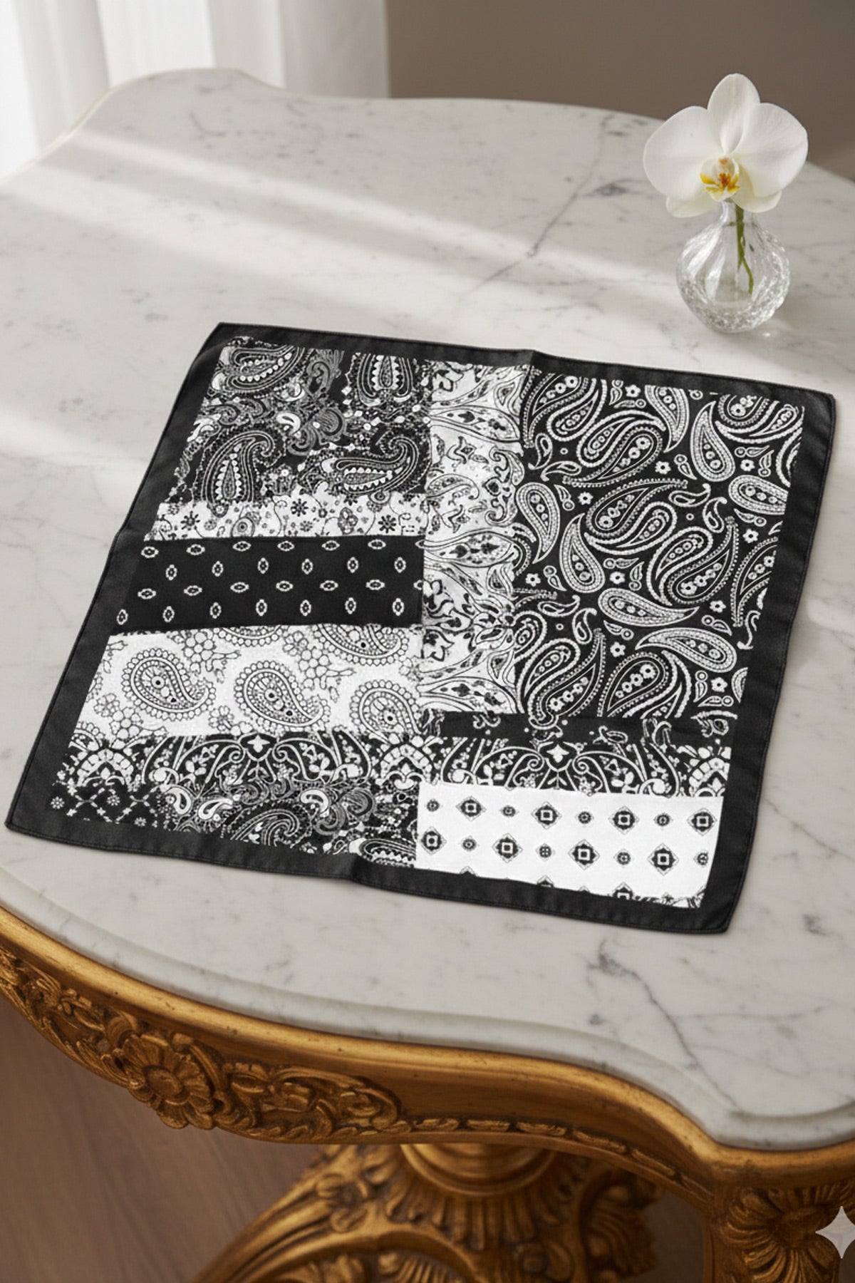 Bohem Stil Siyah - Beyaz Damla Vintage Desenli Bandana & Fular Saç ve Çanta Aksesuar - indirimsepeti