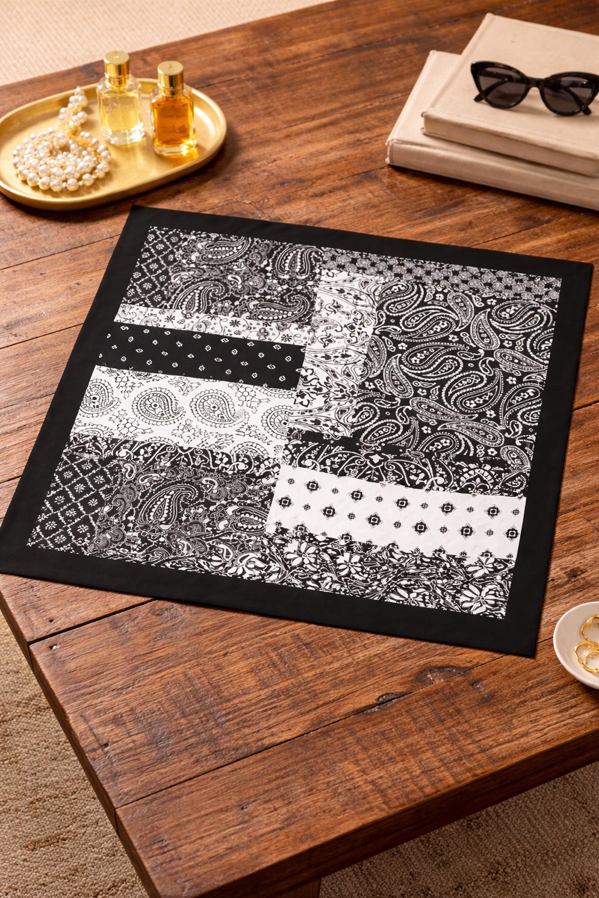 Bohem Stil Siyah - Beyaz Damla Vintage Desenli Bandana & Fular Saç ve Çanta Aksesuar - indirimsepeti