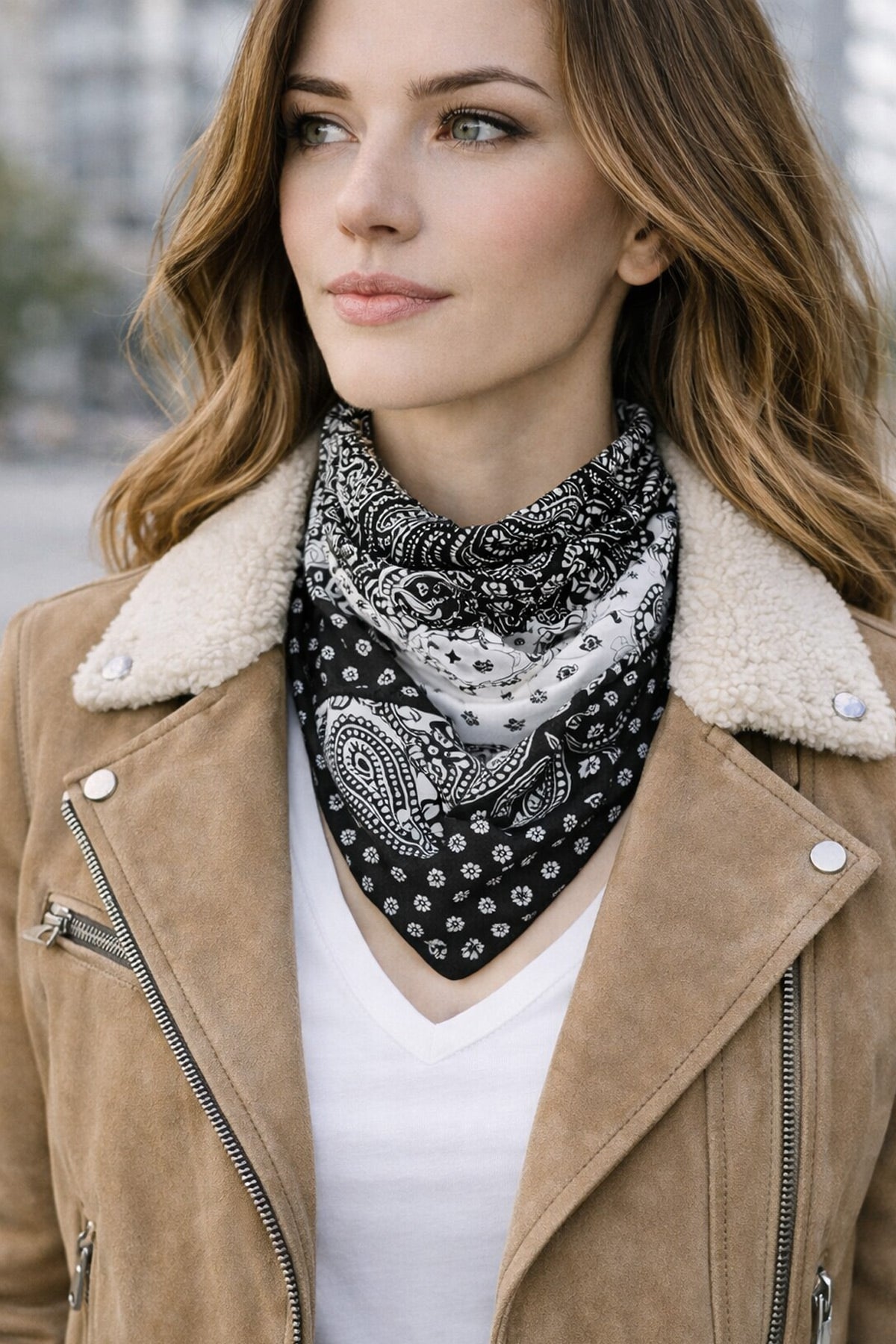 Bohem Stil Siyah - Beyaz Damla Vintage Desenli Bandana & Fular Saç ve Çanta Aksesuar - indirimsepeti