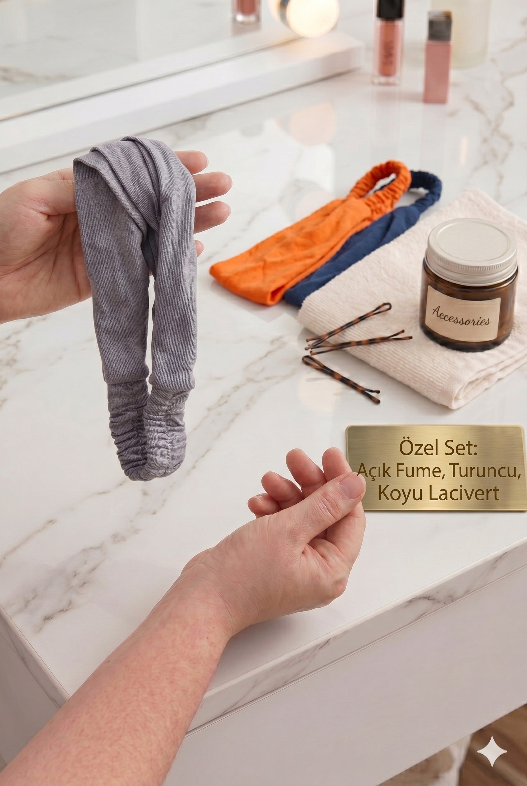 Lastikli Bandana 3’lü Set Pamuklu Esnek Saç Bandı – Model 7 Makyaj ve Cilt Bakım Bandana Turuncu Açık Füme Koyu Lacivert